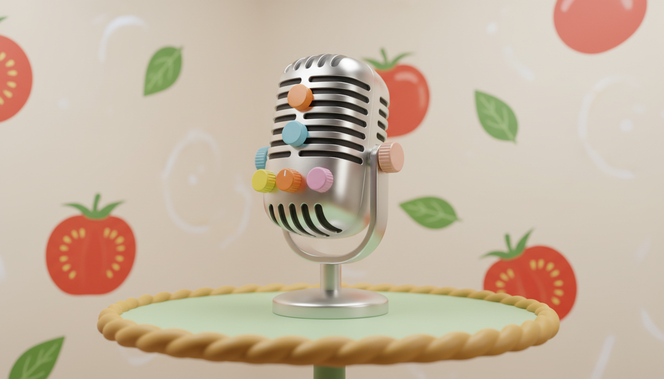 A shiny, oversized podcast microphone made of brushed aluminum with playful colored buttons and dials, perched atop a round, pastel-green table resembling a pizza crust. The background features whimsically arranged, brightly painted tomato and basil motifs on a smooth, pale wall, suggesting a lighthearted kitchen studio. Soft, diffused light from above bathes the scene, highlighting the metallic mic and casting gentle, rounded shadows. The mood is friendly and buzzing with creative energy. Shot from a centered, slightly low perspective and framed with a shallow depth of field, this image shows off a vibrant, energetic photographic style in tune with the comedic and playful branding.