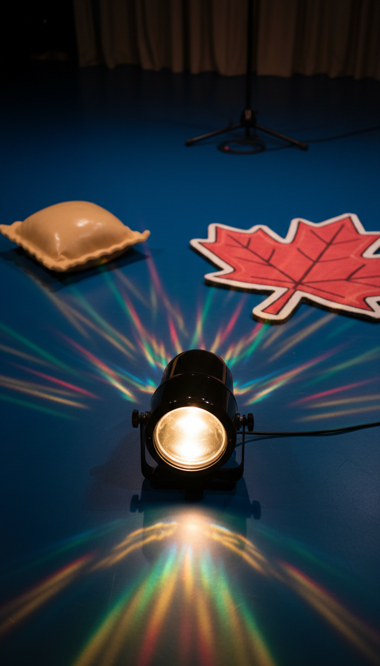 A vivid, glossy stage spotlight with a chunky, rounded shape and frosted glass, beams a multicolored pattern of lights in red, green, and gold across a smooth, dark blue comedy stage. The stage features whimsical, oversized props like a ravioli pillow and a quirky, cartoonish maple leaf floor mat. The scene is bathed in playful, energetic stage lighting that casts soft-edged, rainbow-colored highlights and cheerful, rounded shadows, creating a vibe that is bold, dynamic, and joyful. Photographed from a low, audience-level angle, the composition uses sharp focus on the light and a gentle bokeh behind, employing photographic realism with a delightfully whimsical energy, suitable for highlighting show dates or site events.