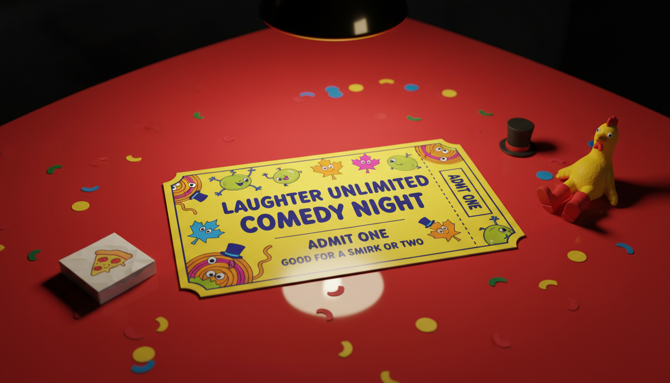 A glossy, bright yellow comedy ticket stub with rounded edges and playful doodle-style illustrations of olives, spaghetti, and maple leaves printed in vibrant colors. It sits front and center on a candy-red lacquered table scattered with confetti and tiny, whimsical props like a miniature pizza box and a rubber chicken. Warm, focused pendant lighting creates vivid highlights and quirky micro-shadows that infuse the composition with energy. Photographic realism with bold colors and playful touches dominates the composition, which is shot from a close-up, slightly angled perspective to capture the ticket’s joyful, comedic flair for use on a humor-focused personal site.